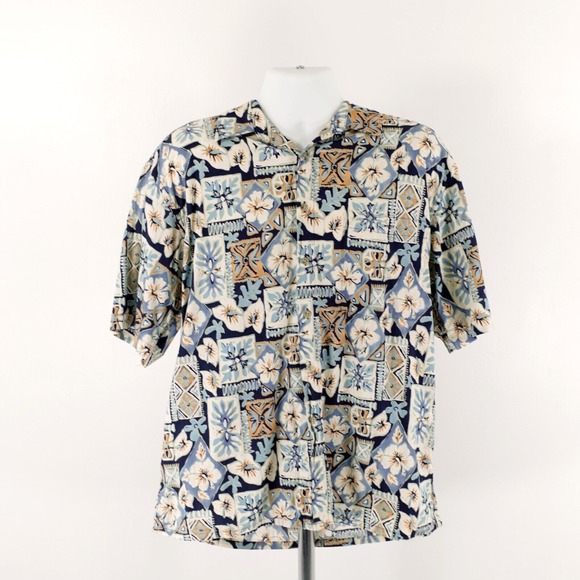Pierre‎ Cardin Large Blue Cotton Floral Button Down Tropical Shirt Short Sleeve - Picture 2 of 10